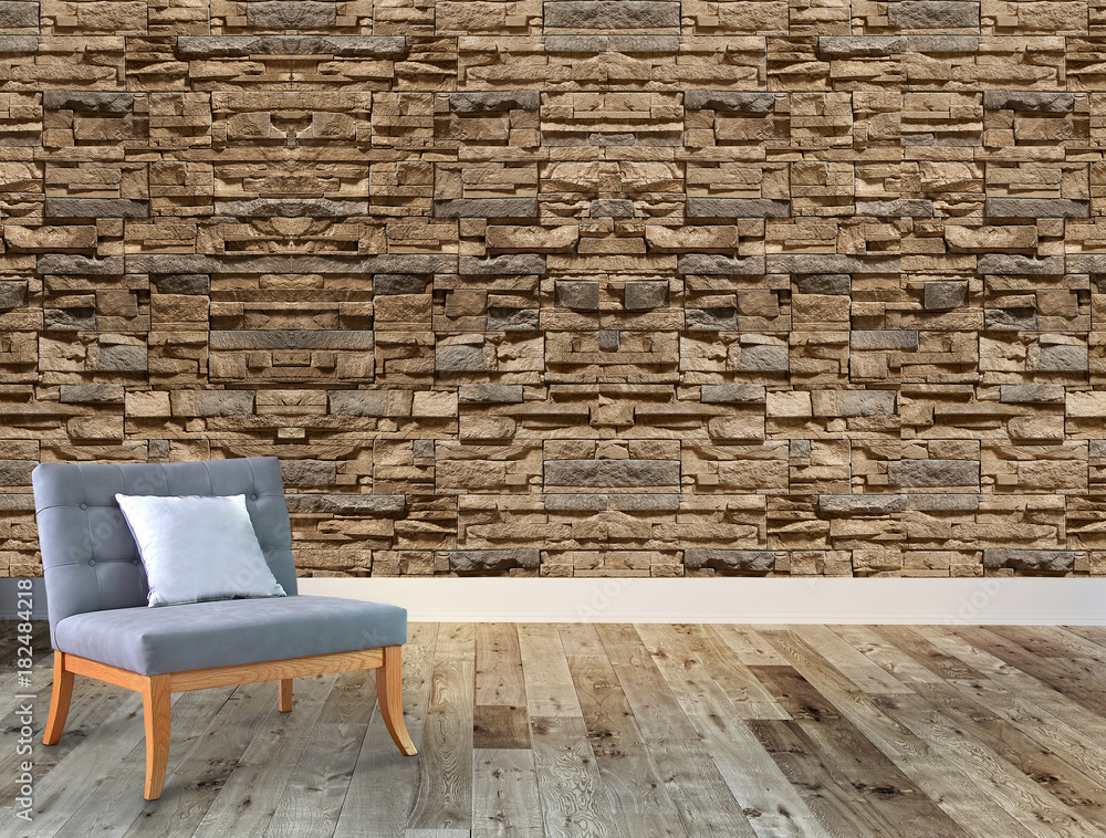 empty living room interior decoration wooden floor, stone wall concept. decorative background for home, office and hotel. 3D rendering