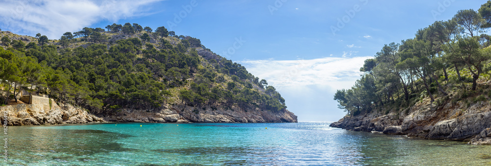A panoramic picture of a clear light blue lagoon between two mountainous areas covered with trees