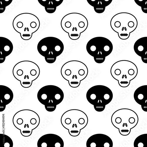 skull outline seamless pattern black on white background
