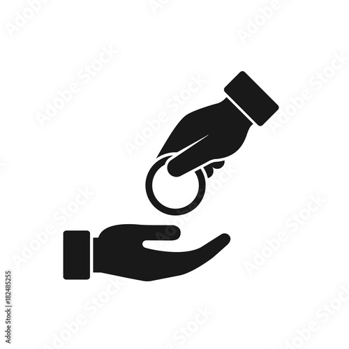 Hand giving coin money to other hand icon. Vector black illustration