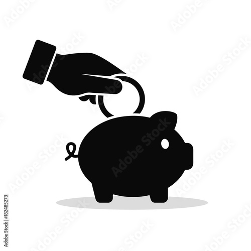 Hand put coin to piggy bank icon. Vector illustration, income business concept