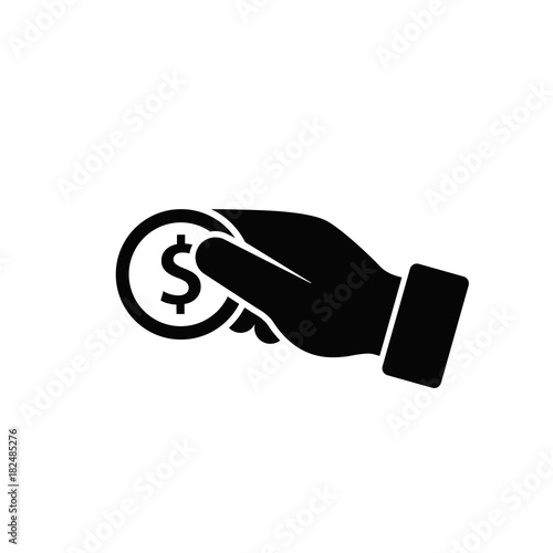 Hand hold coin icon, pay, insert, giving money flat silhouette. Vector