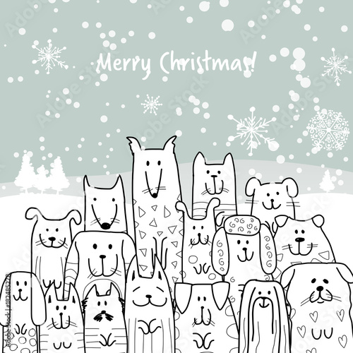 Christmas card with happy dogs family