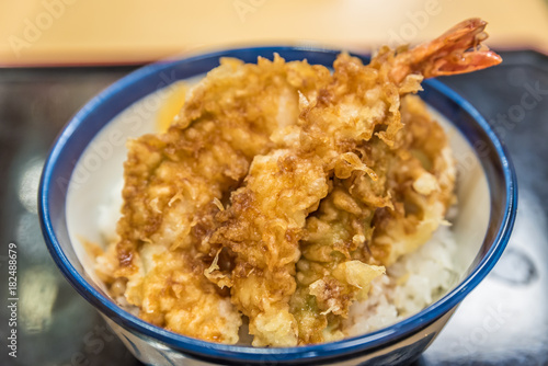 Tendon, Japanese dish consisting of tempura on a bowl of rice photo