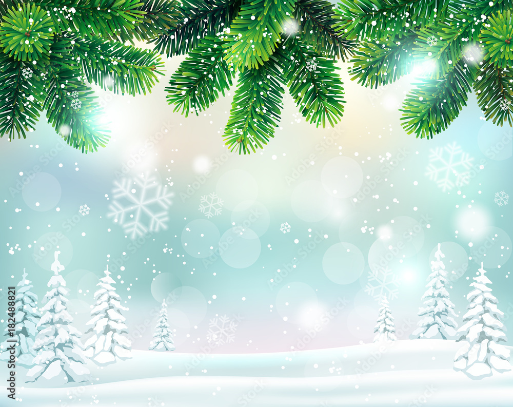 Winter background with fir branch border and snow-covered landscape. Vector illustration.
