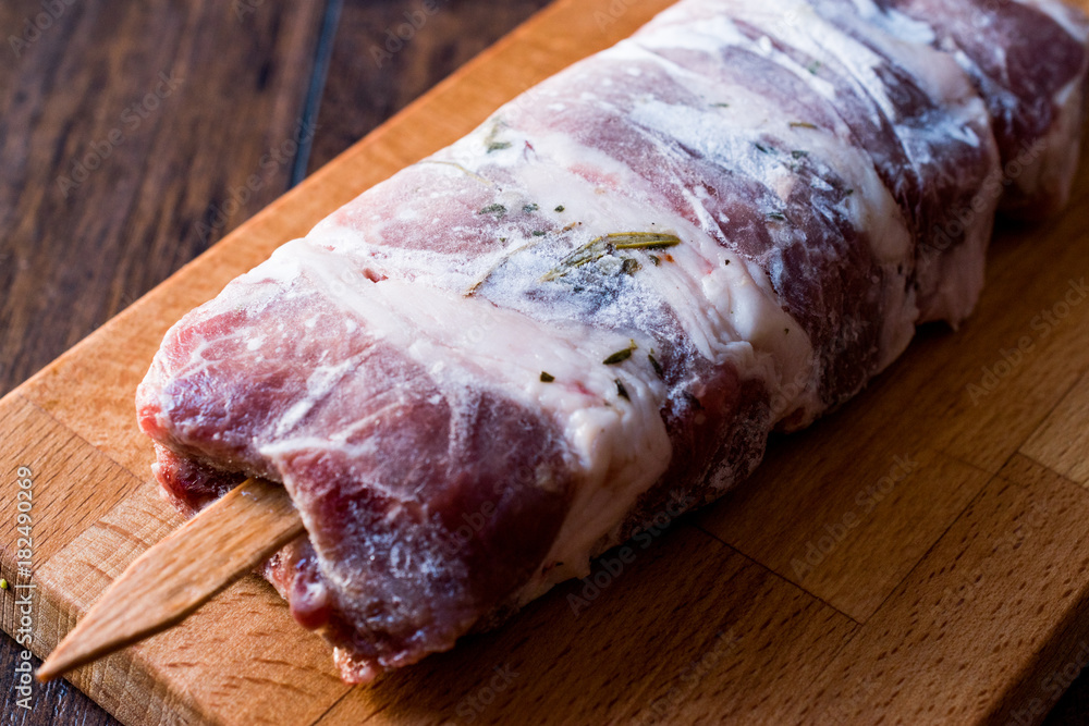 Frozen Raw Lamb Meat with Wooden Skewers. Frozen Raw Lamb Meat with Wooden Skewers.