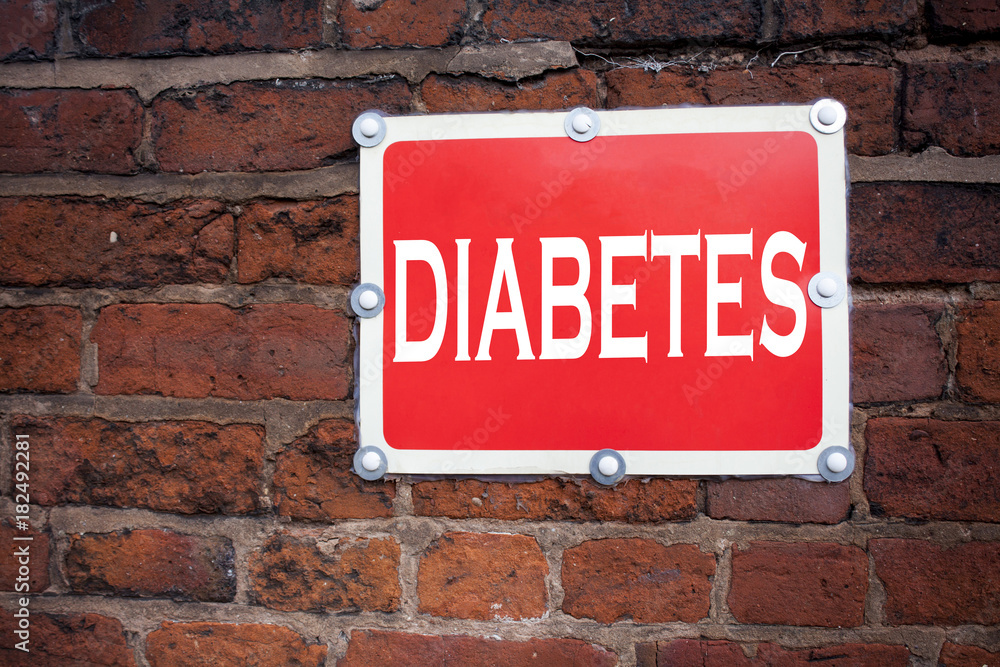 Fototapeta premium Hand writing text caption inspiration showing Diabetes concept meaning Disease Medical Insulin written on old announcement road sign with background and copy space