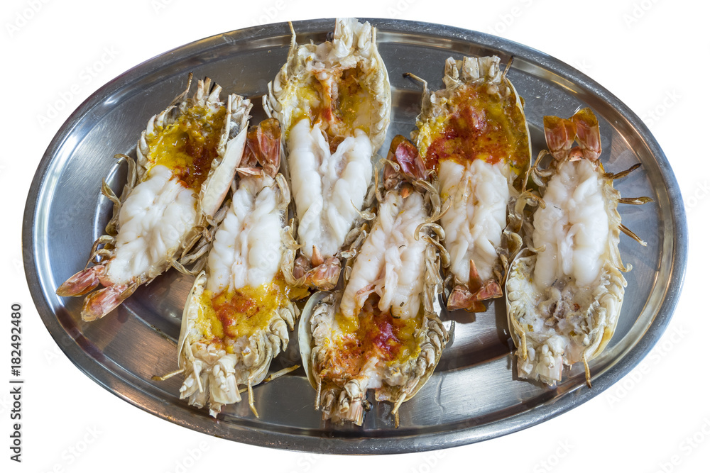 Top view the shrimp river burned on stainless tray isolated Top view the shrimp river burned on stainless tray isolated