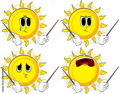 Cartoon sun orchestra conductor. Collection with sad faces. Expressions vector set.