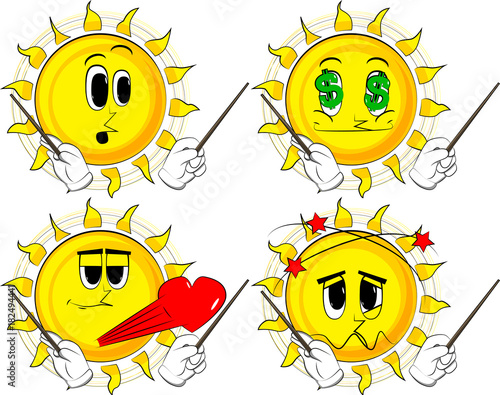 Cartoon sun orchestra conductor. Collection with various facial expressions. Vector set.