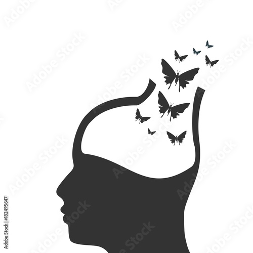 Man avatar profile view. Mental health relative icon. Scientific medical designs. Butterfly go out from head of man.