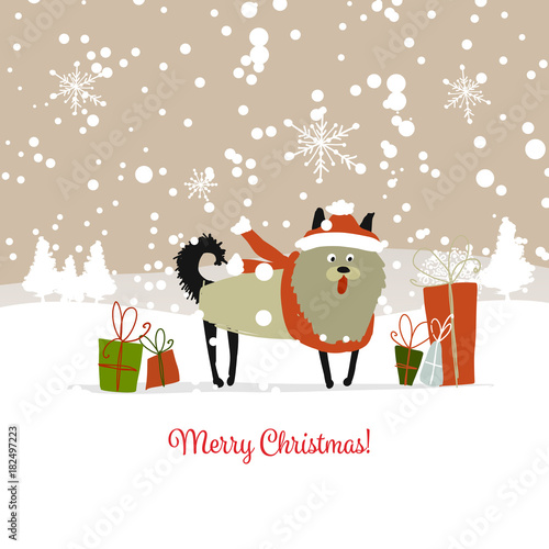 Christmas card, santa dog with gifts. Symbol of 2018