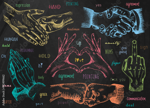 Signs hands, business shaking, folded heart, folded in prayer, folded heart. Fist agreement. Fuck you sign.