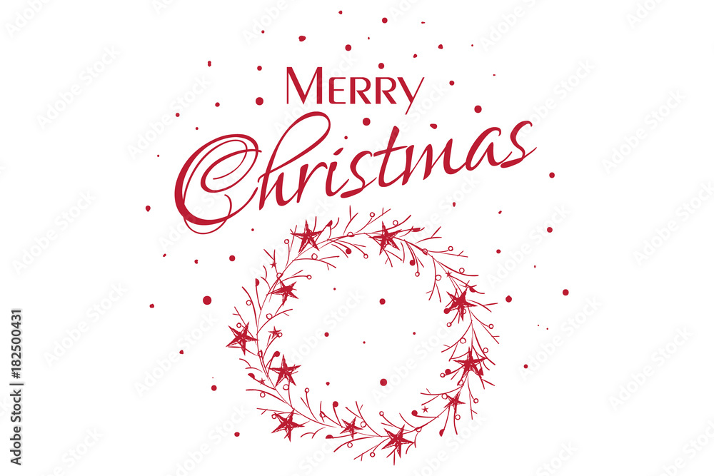 Obraz premium Merry christmas, happy new year lettering red text card. Typography inscription decoration poster type winter holiday art design tree circular wreath, old style snow. Illustration isolated background
