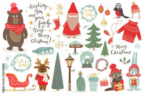 Hand drawn Christmas set in cartoon style. Funny card with cute animals and other elements: bear, deer, rabit, santa, Christmas tree, lettering.