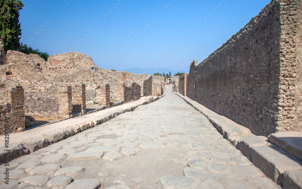 Street in Pompeii and Vesuvius, Italy