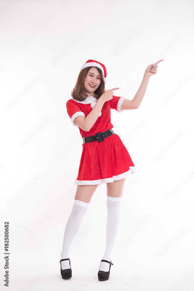 happy woman wearing santa claus dress on white background happy woman wearing santa claus dress on white background