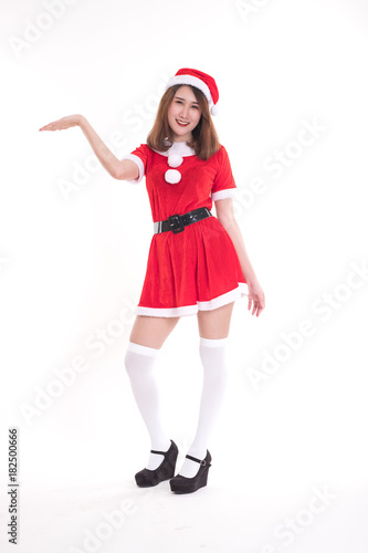 happy woman wearing santa claus dress on white background