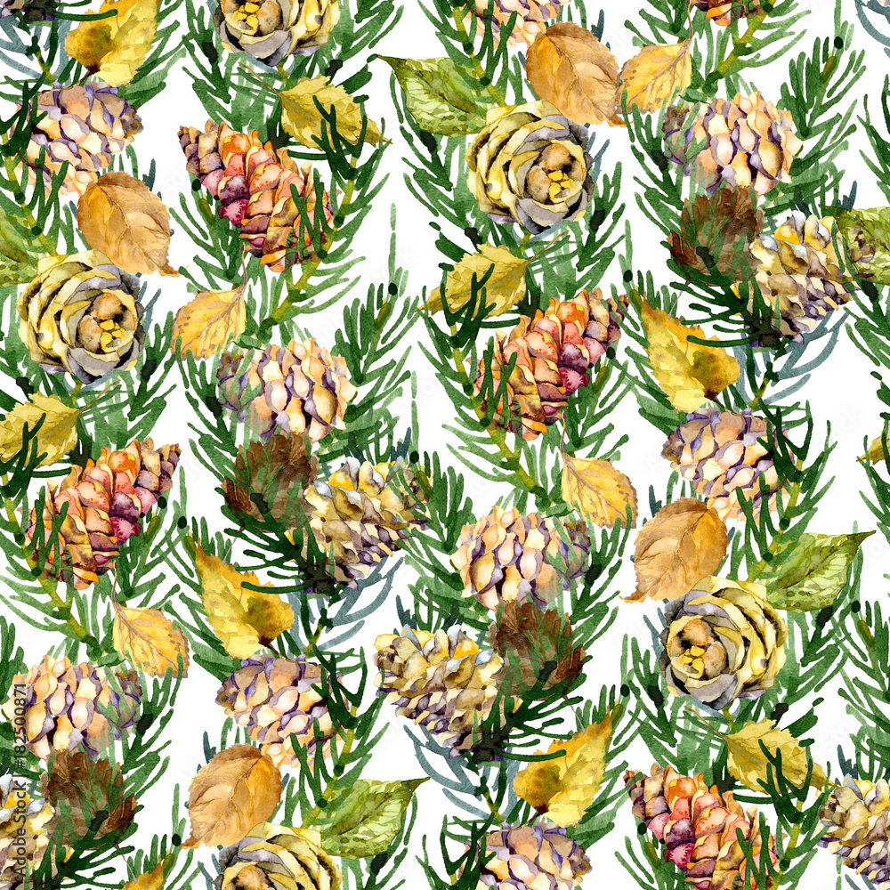 Obraz premium Coniferous, pine, spruce, vegetative, forest, festive, New Year's background. Watercolor. Illustration