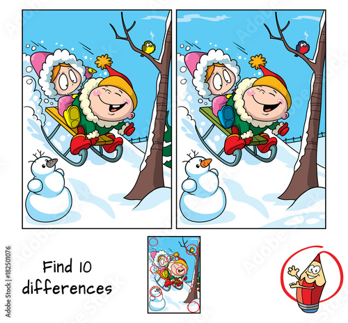 Little girl and boy riding a sledge. Find 10 differences. Educational game for children. Cartoon vector illustration