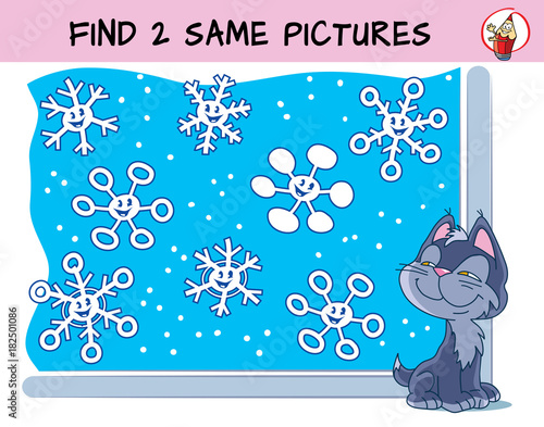 Funny snowflakes. Find two same pictures. Educational matching game for children. Cartoon vector illustration