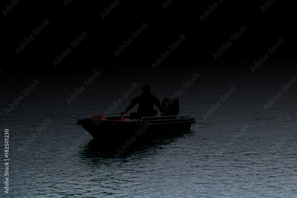 Silhouette  soldier on  Boat in river with copy space add text