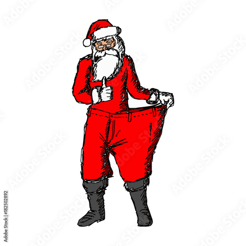 Slim Santa Claus with red loose pants showing thumbs up vector illustration sketch hand drawn with black lines isolated on white background. Diet and healthy concept. photo