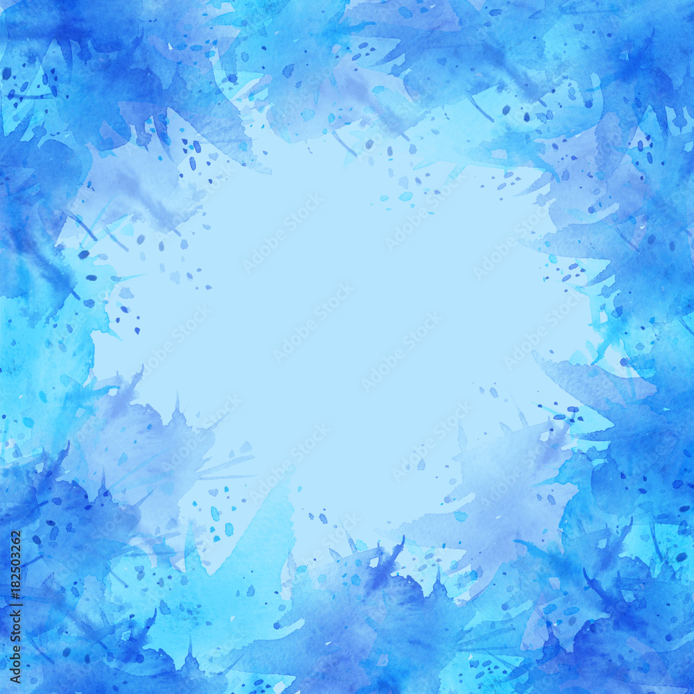 Watercolor frame, postcard, card, background, abstraction. blue paint, colors, paint splash. Used for a variety of design and decoration. Winter frosty window.