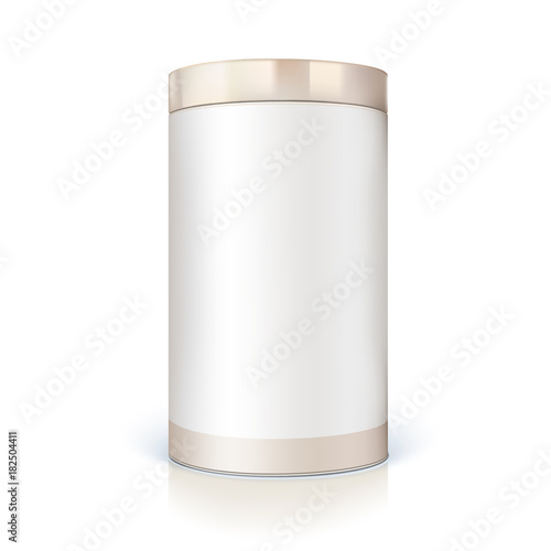 Round tin of packaging for bulk products. Container cylindrical shaped with glossy light, icon of blank round tin can template. Vector 3D illustration isolated on white background.