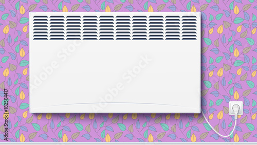 Domestic electric heater, home convector plugged the cord with plug to electricity. Electric panel of radiator appliance for space heating in the interior, on the wall with Wallpaper