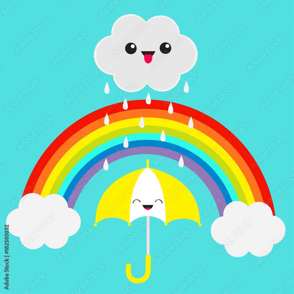 Rainbow. Smiling laughing umbrella. Cute cartoon kawaii cloud with rain drops. Showing tongue emotion. Eyes and mouth. Blue sky background. Baby funny character emoji collection. Flat design. Rainbow. Smiling laughing umbrella. Cute cartoon kawaii cloud with rain drops. Showing tongue emotion. Eyes and mouth. Blue sky background. Baby funny character emoji collection. Flat design.