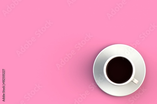 Morning coffee concept on pink background, Top view with copyspace for your text, 3D rendering