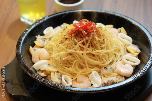 Seafood pasta Spaghetti close up