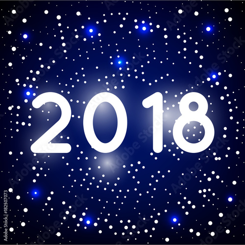 2018 year illustration, dark blue background with white dots and sparkles