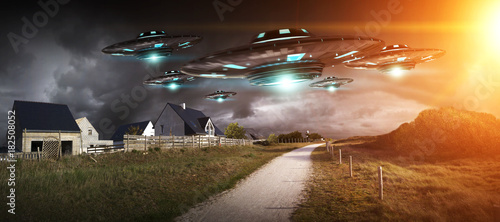 Obraz na plátně UFO invasion on planet earth landascape 3D rendering