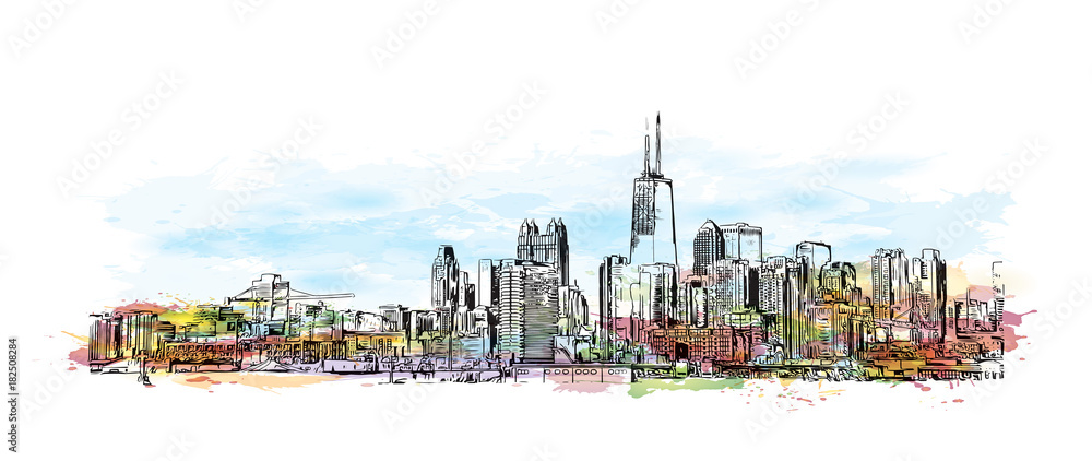 Naklejka premium Akwarela powitalny szkic ilustracji City Skyline Chicago, USA w wektorze.