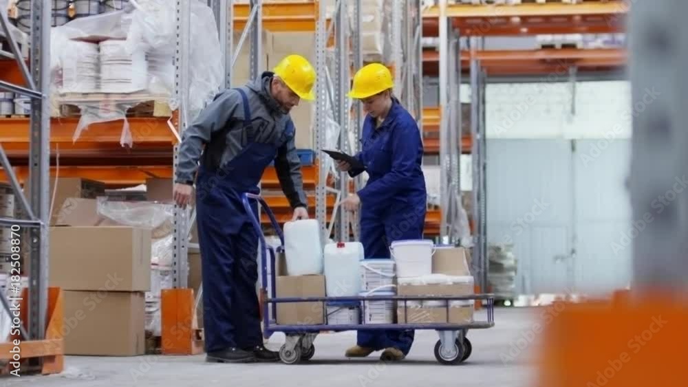 PAN of bearded male warehouse worker in hard hat carrying white jerrycan and putting it into platform cart, then talking with female colleague with tablet pointing and explaining something
