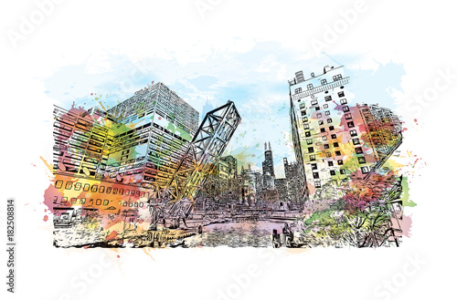 Watercolor splash with sketch illustration of DuSable bridge at twilight, Chicago. in vector.