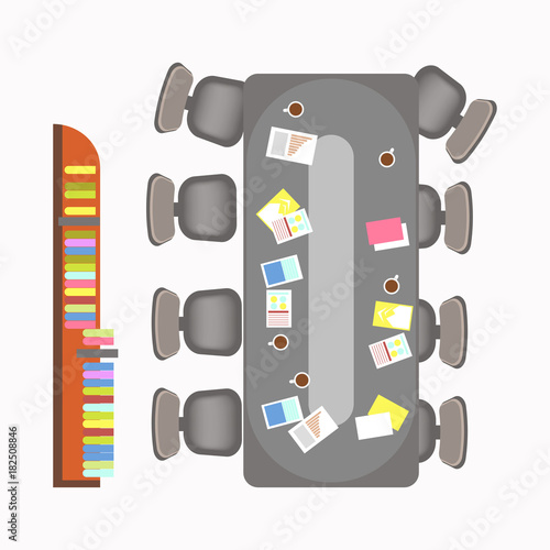 Long discussion table with comfortable chairs at meeting office