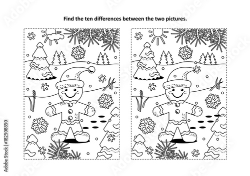 Winter holidays, Christmas or New Year themed find the ten differences picture puzzle and coloring page with gingerbread man cookie.