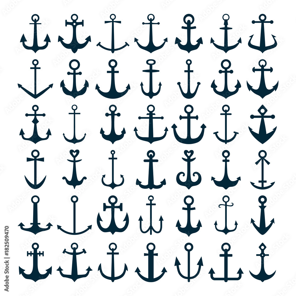 Set of anchor icons isolated on a white background, for marine tattoo or logo. Vector illustration - obrazy, fototapety, plakaty 