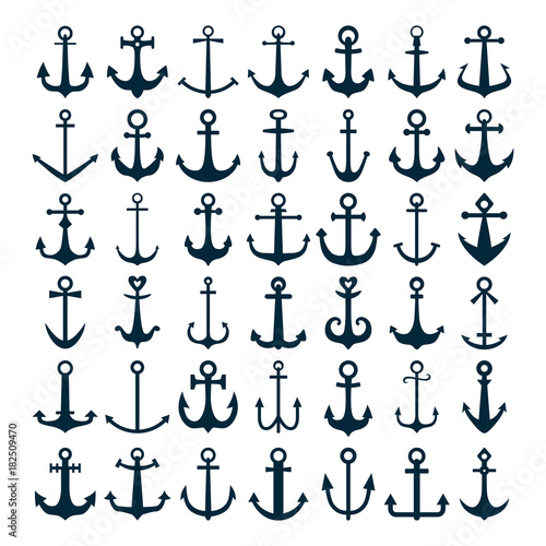 Valokuvatapetti Set of anchor icons isolated on a white background, for marine tattoo or logo