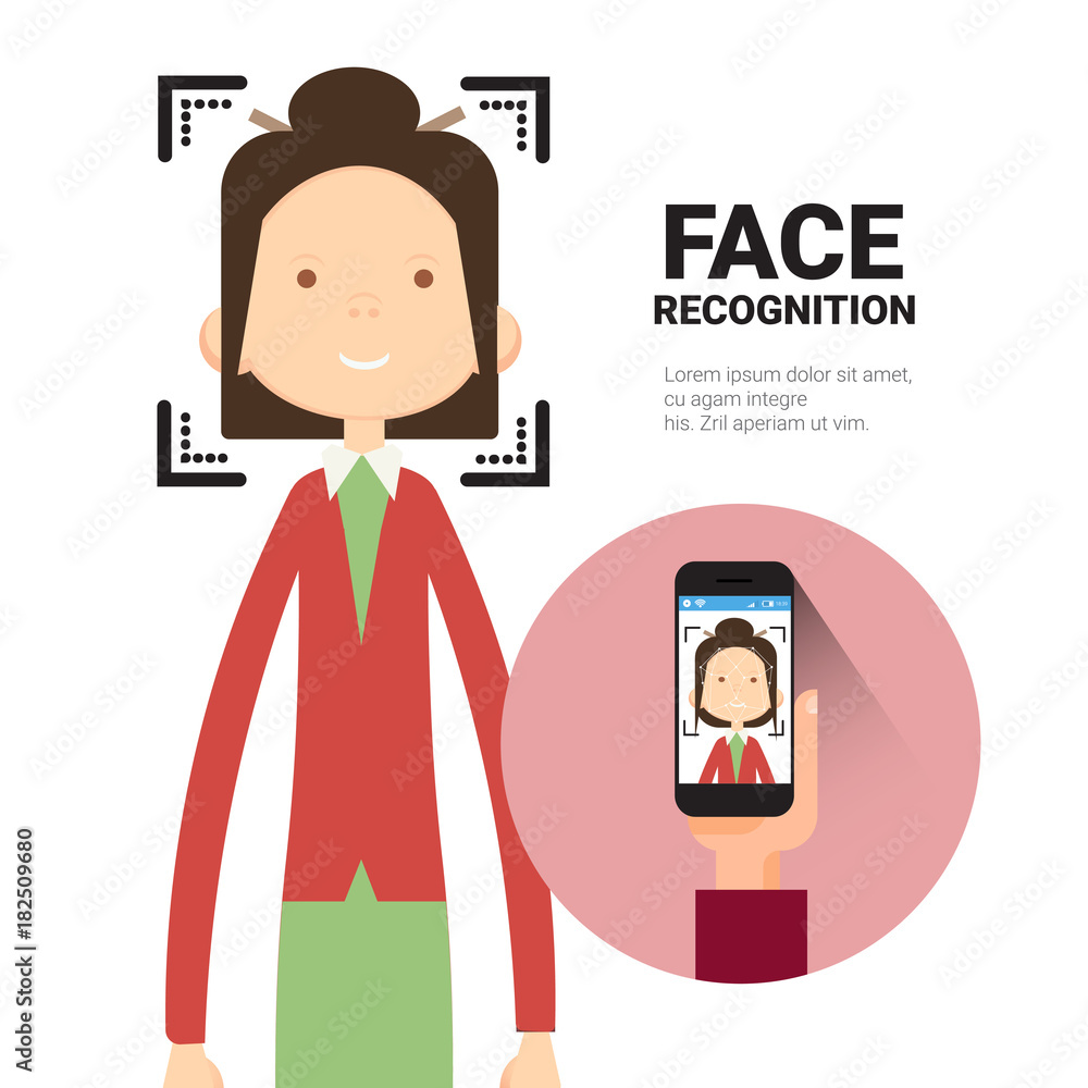 Face Recognition Hand Holding Smart Phone Scanning Woman Modern Biometrical Identification System Concept Vector Illustration