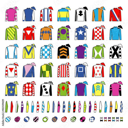 Jockey uniform. Traditional design. Jackets, silks, sleeves and hats. Horse riding. Horse racing. Icons set. Isolated on white. Vector illustration