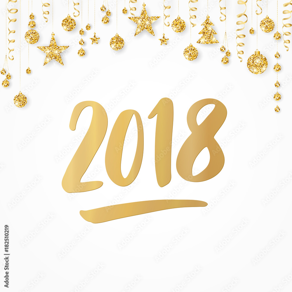 2018 hand drawn numbers isolated on white. Golden glitter border with hanging balls, stars and ribbons. 2018 hand drawn numbers isolated on white. Golden glitter border with hanging balls, stars and ribbons.