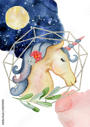 Plakat Śliczna jednorożec akwarela wręcza patroszoną wesoło bożych narodzeń ilustrację z nocnym niebem i księżyc