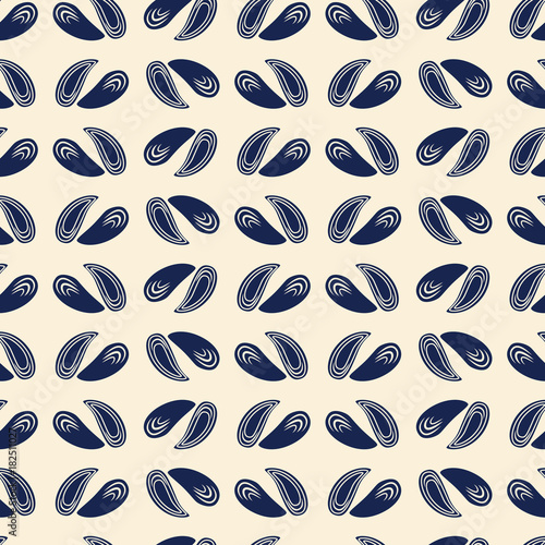 Seamless vector pattern mussel isolated on backdrop  natural sea food ingredient  seashell background decorative texture for design package  wallpaper  textile  organic shop  restaurant menu  cosmetic