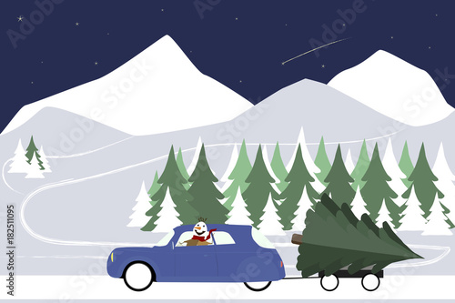 Snowman drives in a retro car on a winter road. A large Christmas tree in a trailer. Starry sky, winter snow forest at night, christmas. Vector illustration.