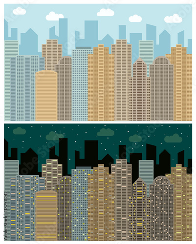 Street view with cityscape, skyscrapers and modern buildings in the day and night. Vector urban landscape illustration. 
