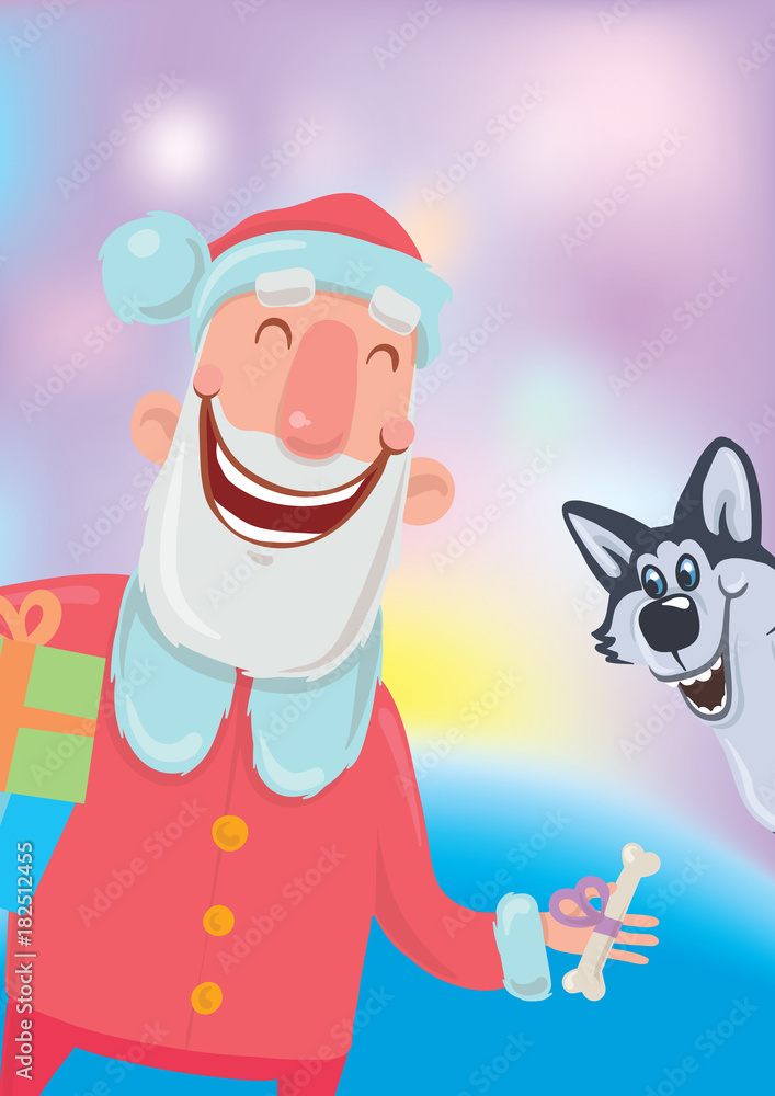 Naklejka premium Happy laughing Santa Claus with bone and a dog. New year and Christmas cards for year of the dog according to the Eastern calendar. Vector Characters Illustration on glowing colourful background.